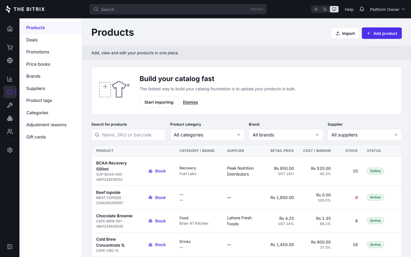 The product list, with SKU and barcode under each name, category and brand, supplier, retail price with its tax, cost with the margin worked out, stock on hand and status.