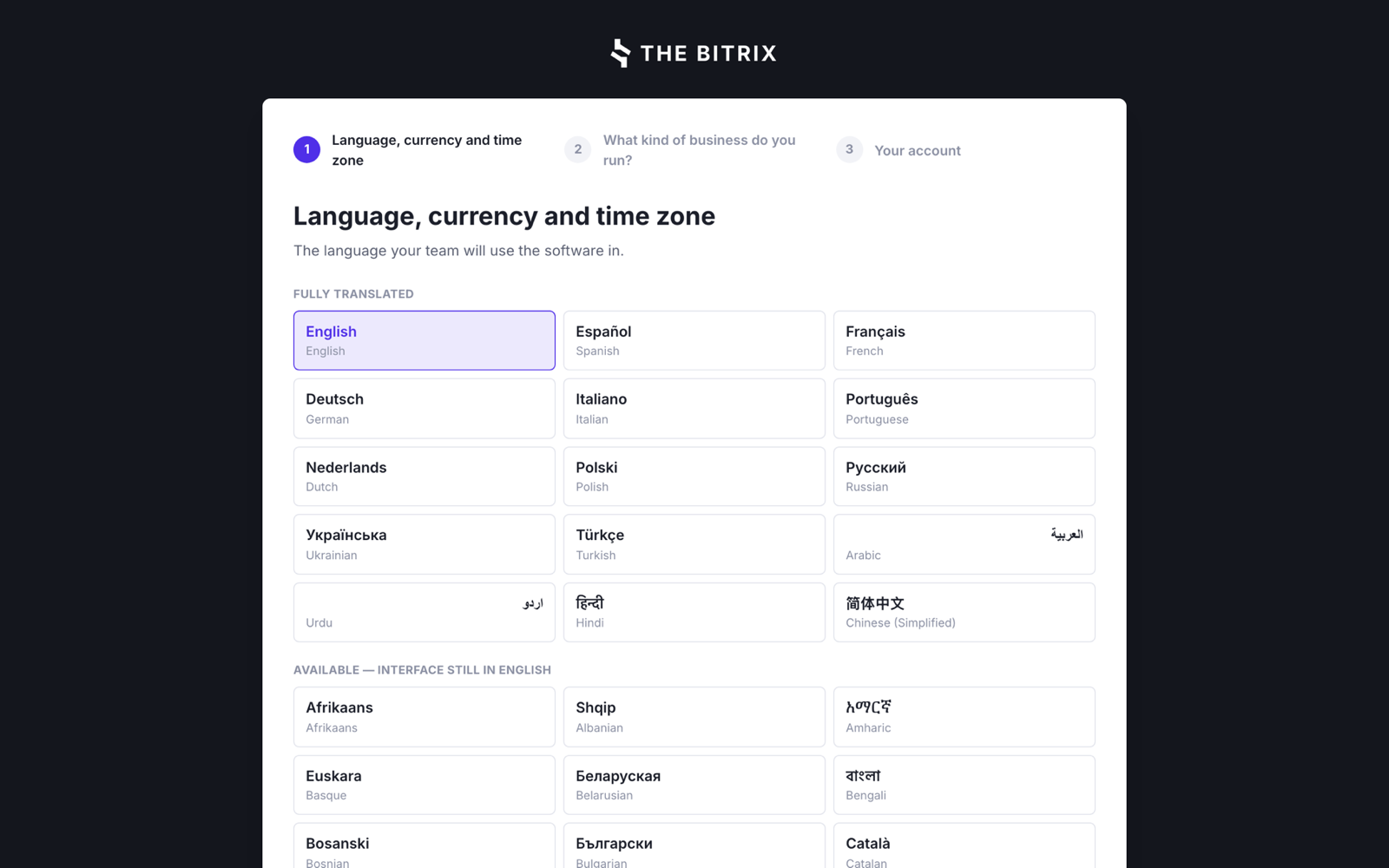 The signup language picker, listing the fifteen fully translated languages with each one named in its own script, above the rest of the fifty seven.
