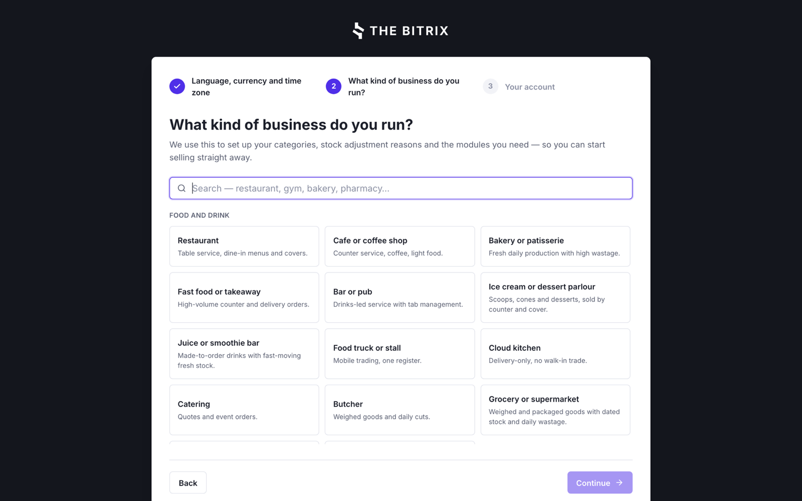 The signup screen asking what kind of business you run, with a search box and the food and drink trades listed as cards: restaurant, cafe, bakery, fast food, bar, ice cream parlour, juice bar, food truck, cloud kitchen, catering, butcher and grocery.
